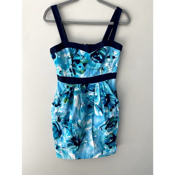 Y2K B. Smart Floral Abstract Watercolor Blue Mini Dress Womens  Sz 10 - Picture 7 of 7